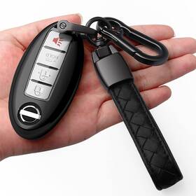 Autophone 619191762545 Nissan Key Fob Cover With Leather Keychain Tpu 360 Protection Black