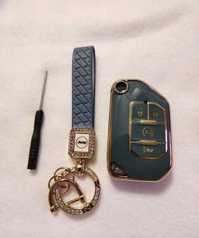 3ksqz3l Edge Golden-edge 4 Button Key Fob Cover With Crystal Keychain For Jeep Wrangler