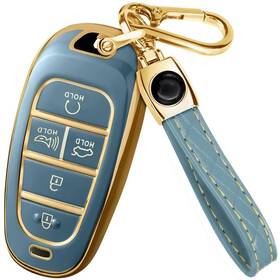 Lucrum 608028219123 Hyundai Sonata Key Fob Cover Leather Keychain - Blue/gold 2019-2023