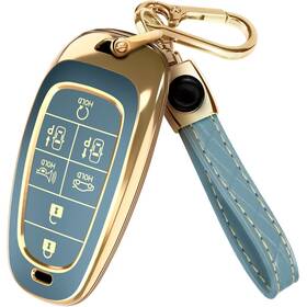 Lucrum 765464904607 Hyundai Palisade Key Fob Cover Leather Keychain - Blue Gold