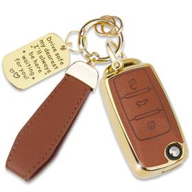 Us-kc-ltpu-vw-3-brown Quekine Tpu Leather Key Fob Cover For Vw Golf Jetta Passat Tiguan Scirocco Polo