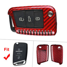 Remote Key Shell Cover Case Carbon Fiber Red For 15-later Vw Mk7 Golf Jetta