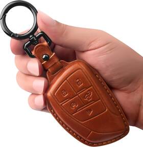 Tukellen-ch-1 Tukellen Genuine Leather Key Fob Cover Smart Holder 5 Buttons Brown
