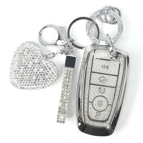 Yikecase 795441929736 Key Fob Cover With Diamond Keychain For Ford Silver-heart